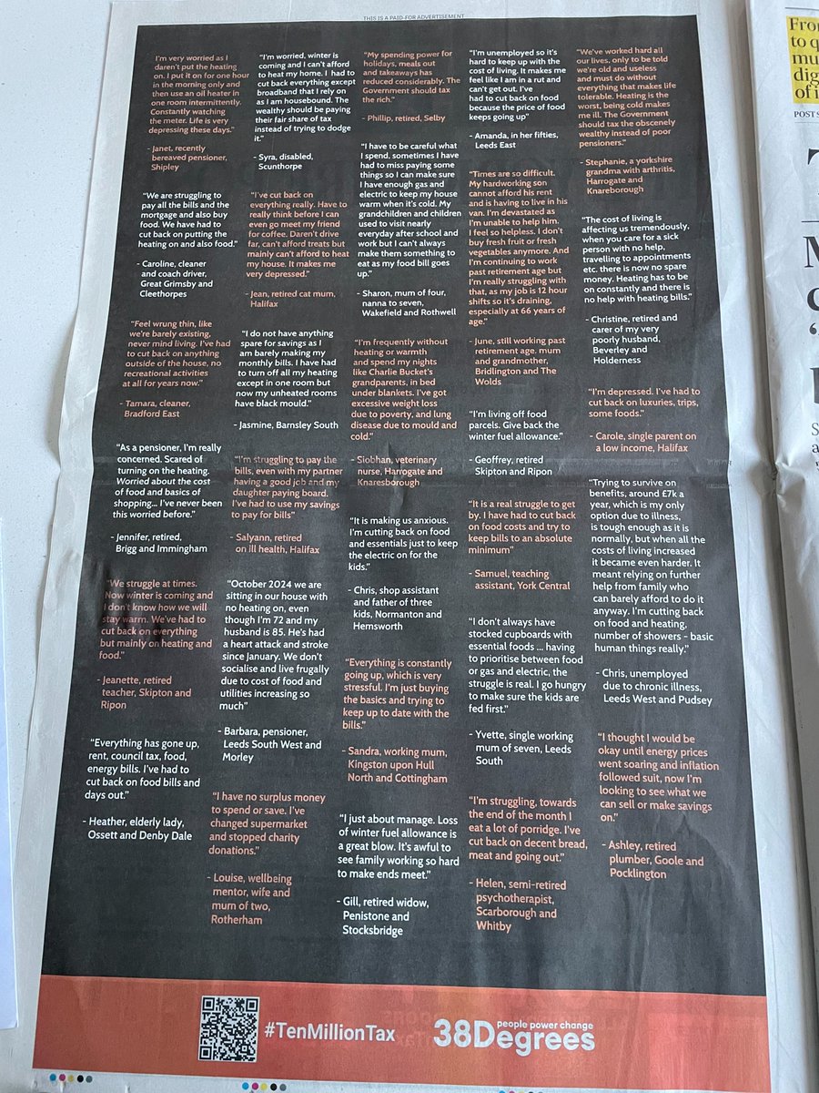 38degrees's tweet photo. 🚨We’ve covered the @yorkshirepost with the experiences of 100 38 Degrees Supporters because @RachelReevesMP needs to hear how people are struggling with the cost of living. The budget must do more to help millions of people worried about rising bills and keeping warm this winter https://t.co/i4MUKHqbIU