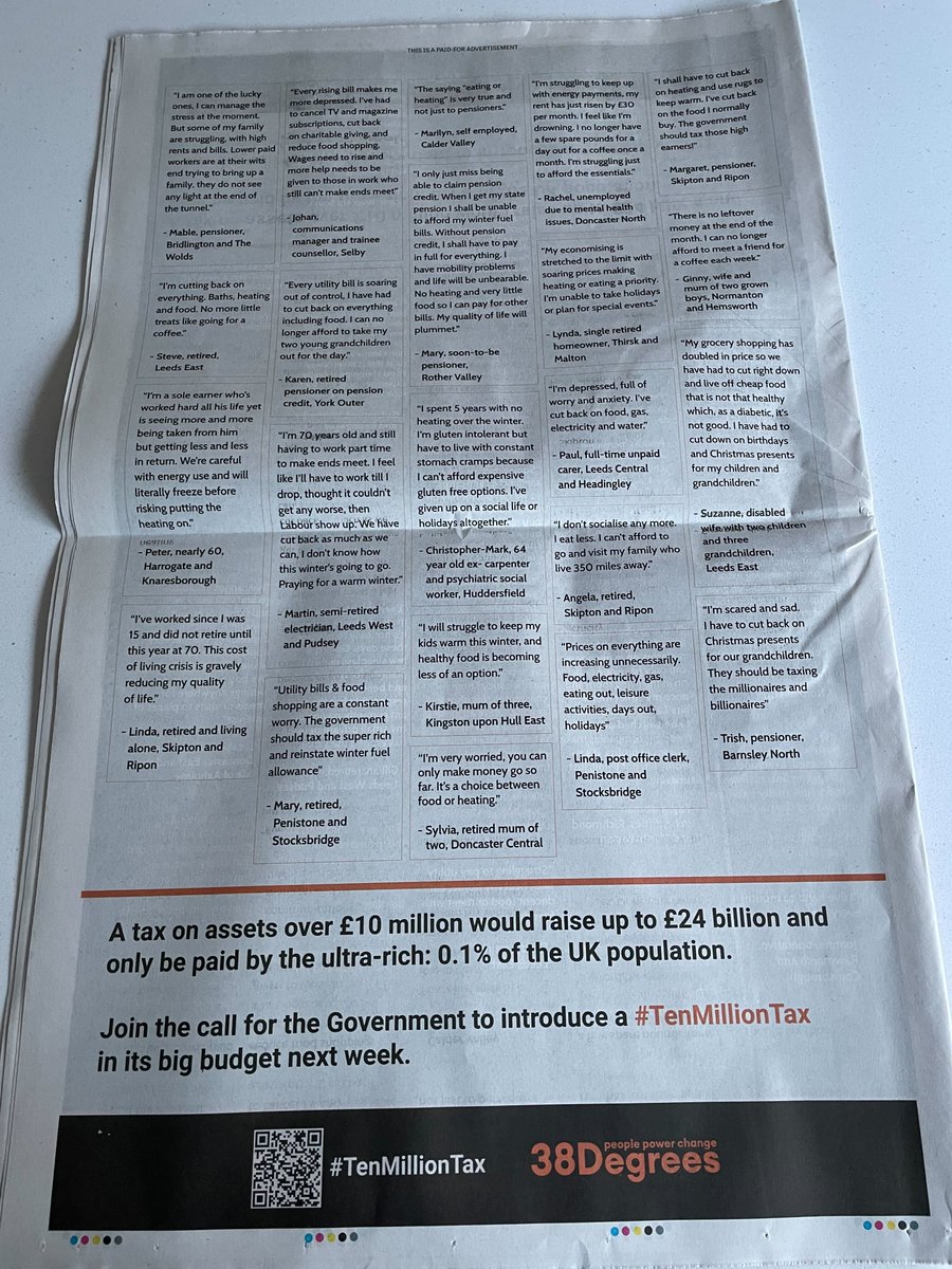38degrees's tweet photo. 🚨We’ve covered the @yorkshirepost with the experiences of 100 38 Degrees Supporters because @RachelReevesMP needs to hear how people are struggling with the cost of living. The budget must do more to help millions of people worried about rising bills and keeping warm this winter https://t.co/i4MUKHqbIU
