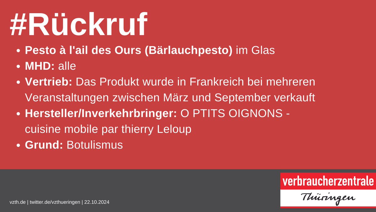 ‼️#Rückruf: #Bärlauchpesto im Glas aus #Frankreich, alle MHD, Grund: Botulismus, das Produkt wurde in Frankreich auf mehreren Veranstaltungen verkauft, für alle Infos hier klicken 👉lebensmittelwarnung.de/___lebensmitte…