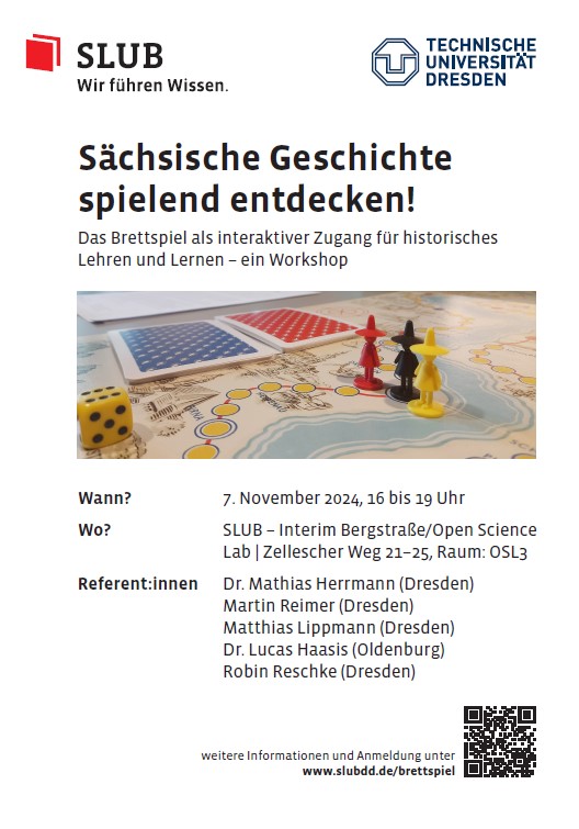 Am 7. November führen wir in Kooperation mit der <a href="/SLUBdresden/">SLUB Dresden</a> einen Workshop zum Thema "Sächsische Geschichte spielend entdecken durch". Wir freuen uns auch sehr, dass wir <a href="/LHaasis/">Lucas Haasis</a> für einen Input gewinnen konnten. Noch gibt es freie Plätze! 

slub-dresden.de/besuchen/veran…
