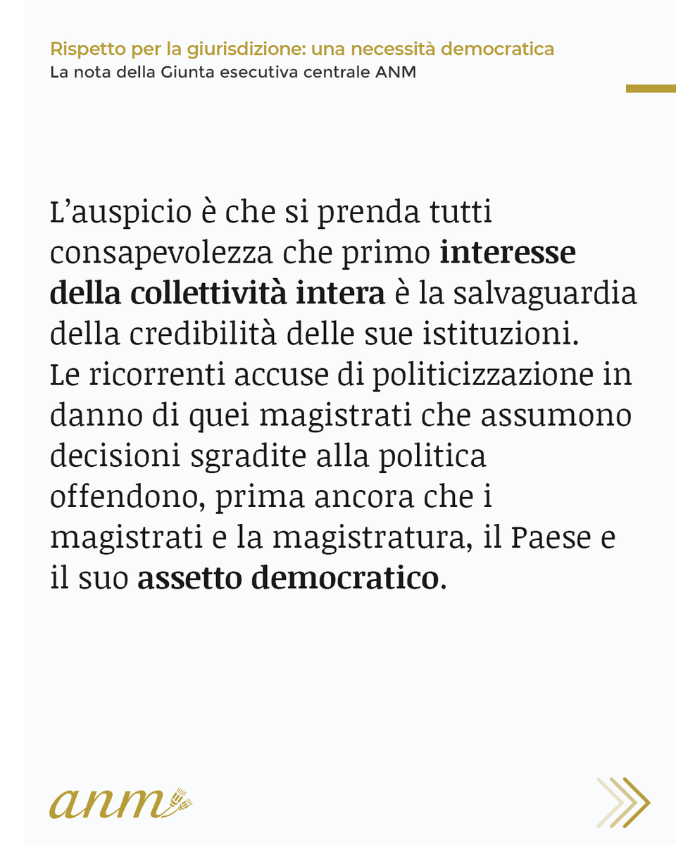 ANMagistrati's tweet photo. La posizione della Giunta esecutiva centrale dell’Associazione nazionale magistrati sugli attacchi di questi giorni: chiediamo con forza che la giurisdizione sia rispettata come esercizio di una funzione del tutto autonoma ed indipendente. https://t.co/8APCmIil8c