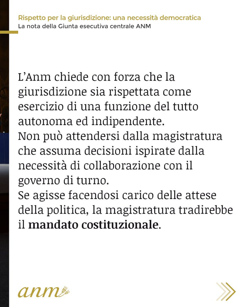 ANMagistrati's tweet photo. La posizione della Giunta esecutiva centrale dell’Associazione nazionale magistrati sugli attacchi di questi giorni: chiediamo con forza che la giurisdizione sia rispettata come esercizio di una funzione del tutto autonoma ed indipendente. https://t.co/8APCmIil8c