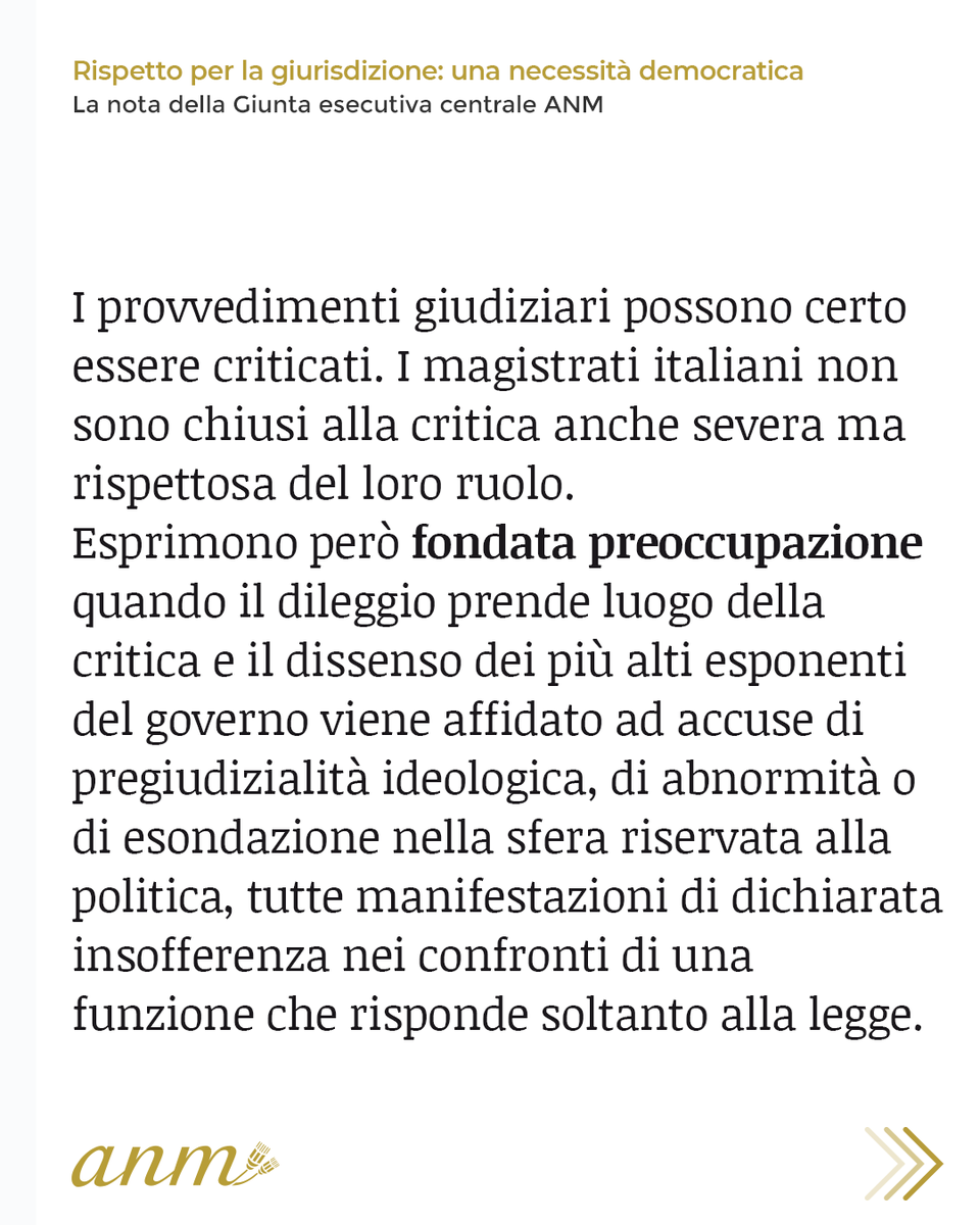 ANMagistrati's tweet photo. La posizione della Giunta esecutiva centrale dell’Associazione nazionale magistrati sugli attacchi di questi giorni: chiediamo con forza che la giurisdizione sia rispettata come esercizio di una funzione del tutto autonoma ed indipendente. https://t.co/8APCmIil8c