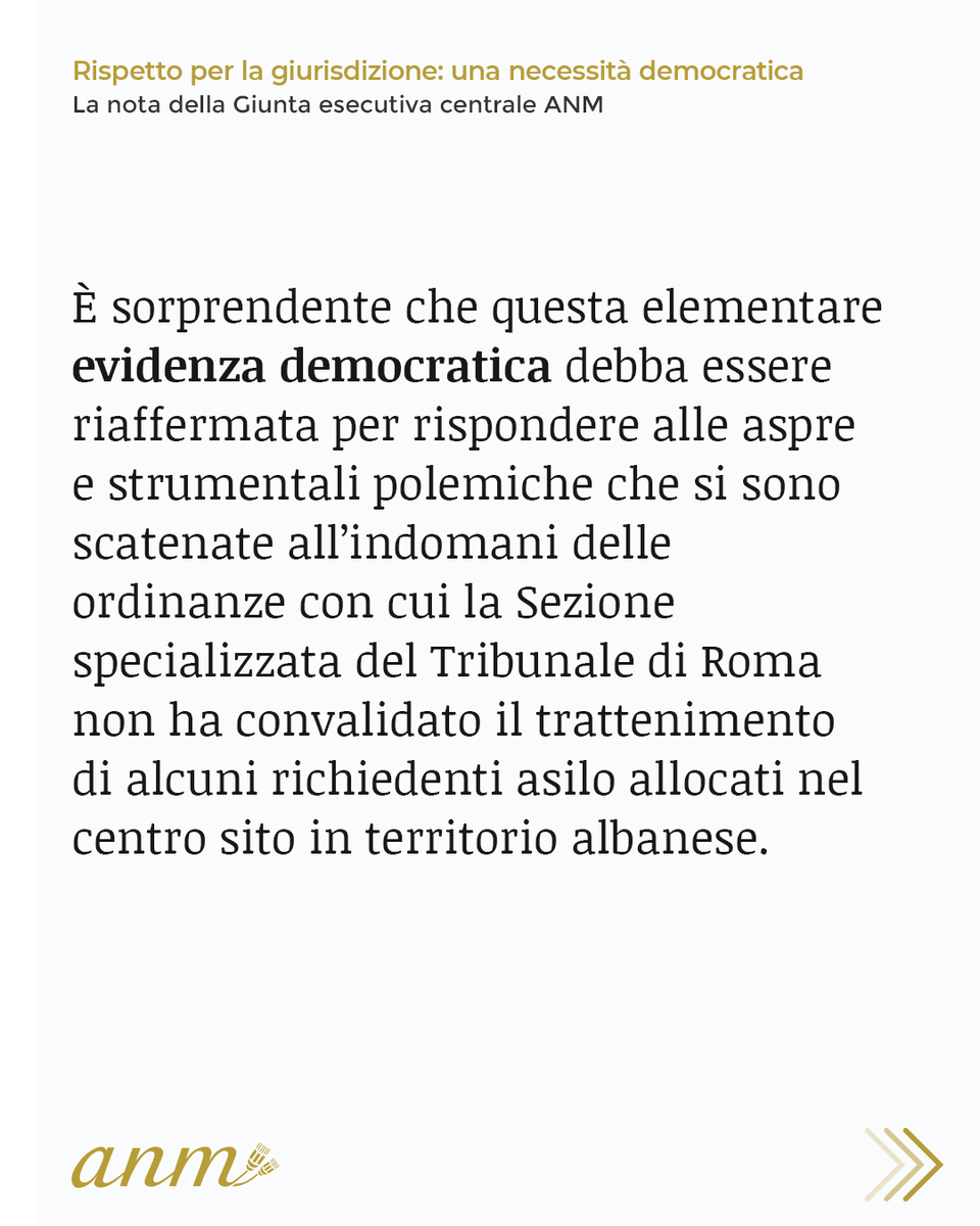 ANMagistrati's tweet photo. La posizione della Giunta esecutiva centrale dell’Associazione nazionale magistrati sugli attacchi di questi giorni: chiediamo con forza che la giurisdizione sia rispettata come esercizio di una funzione del tutto autonoma ed indipendente. https://t.co/8APCmIil8c