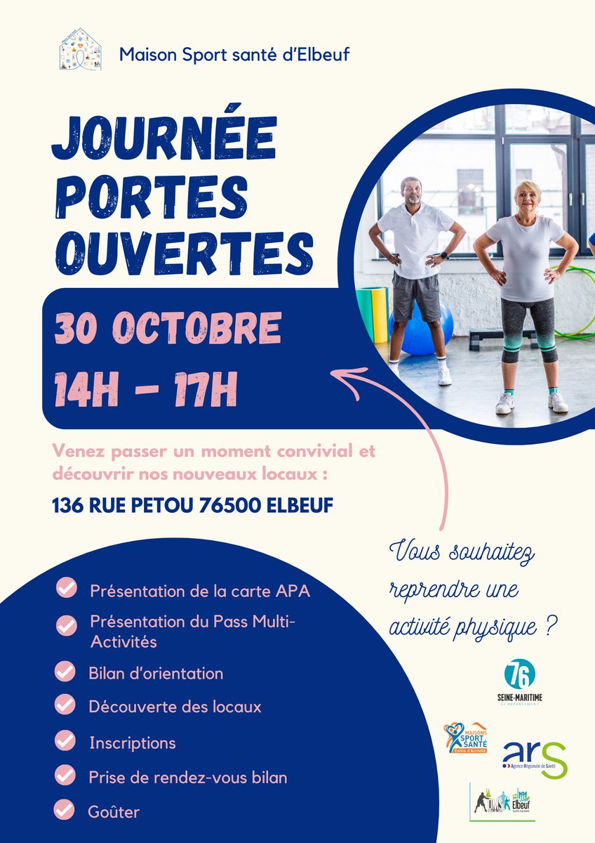 [#PortesOuvertes] Venez passer un moment convivial et découvrir les nouveaux locaux de la Maison sport-santé !🏃
➡ Mercredi 30 octobre de 14h à 17h à la Maison sport santé d’Elbeuf (136 rue Petou – 76500 Elbeuf sur Seine)