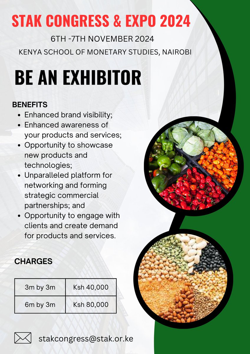 cerealgrowerske's tweet photo. Are you:
A seed company?
A research institution?
A crop protection provider? 
A stakeholder in the agricultural field? 

The Seed Trade Association of Kenya (@STAKenya) Congress & Expo is for you.
By exhibiting at STAK Congress & Expo, your organization will benefit from:
·      Enhanced brand visibility;
·      Enhanced awareness of your products and services;
·      Opportunity to showcase new products and technologies;
·      Unparalleled platform for networking and forming strategic commercial partnerships; and
·      Opportunity to engage with clients and create demand for products and services.
Check out the poster for participation charges.

For more information, please call +254720595124 or write to stak@stak.or.ke

#togetherwegrow