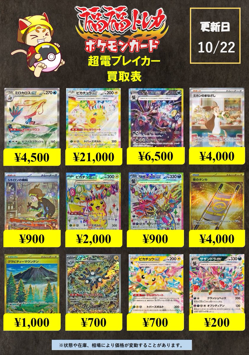 fukufuku_pcg's tweet photo. #ポケカ #秋葉原 #池袋 #買取　#超電ブレイカー 

⚡新弾、超電ブレイカーの買取表を更新しました⚡

ミロカロスex SAR ¥4,500 買取
ピカチュウex SAR ¥21,000 買取
夜のタンカ UR ¥4,000 買取
レアコイル AR ¥700 買取

画像外のカードもお持ち込み大歓迎です✨

ご来店お待ちしております🐈 https://t.co/M2R2EIHztk