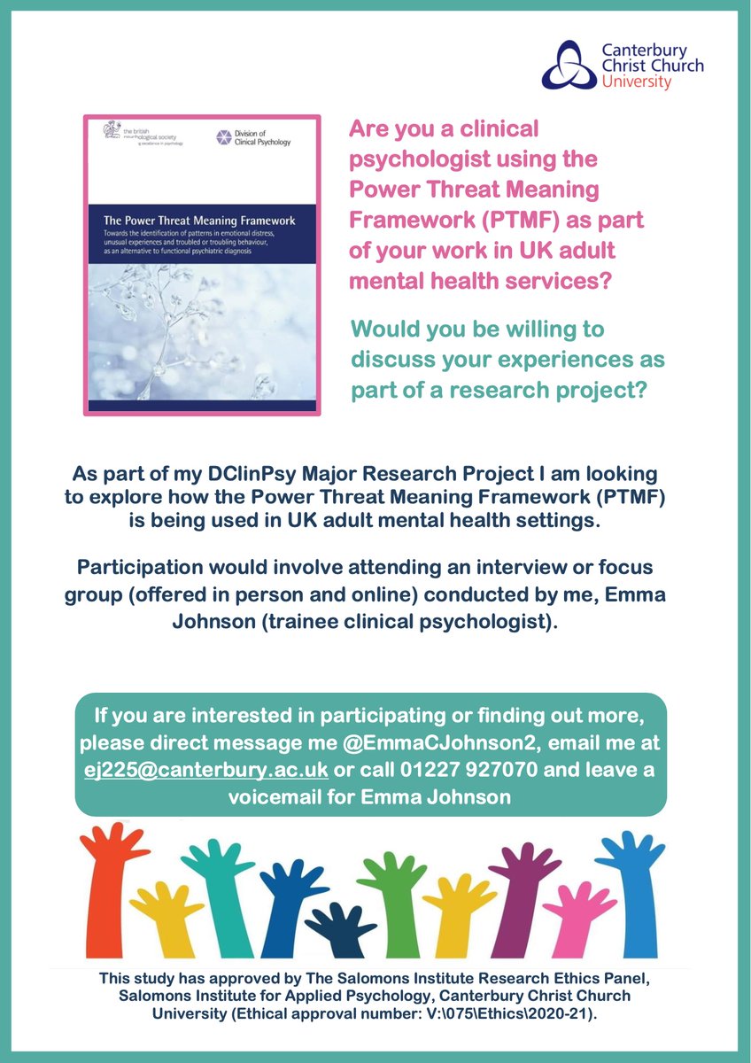 Still looking to recruit UK #clinpsychs willing to discuss their use of the
<a href="/PTMFramework/">The Power Threat Meaning Framework</a>
(#PowerThreatMeaningFramework) for my DClinPsy Major Research Project. Please DM me or email at ej225@canterbury.ac.uk if interested and please share post. Supervised by
<a href="/AnneCooke14/">Dr Anne Cooke</a>