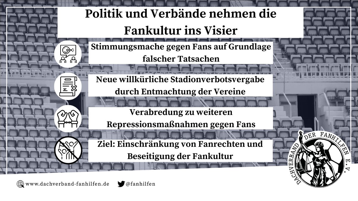 fanhilfen's tweet image. Auf Grundlage von Lügen und falschen Tatsachen wollen Politik und Verbände #Fanrechte weiter einschränken und die Fankultur beseitigen. Dagegen werden wir uns wehren - es reicht!

Unsere PM zum &quot;Sicherheitsgipfel&quot; vom Freitag:
dachverband-fanhilfen.de/pressemitteilu…