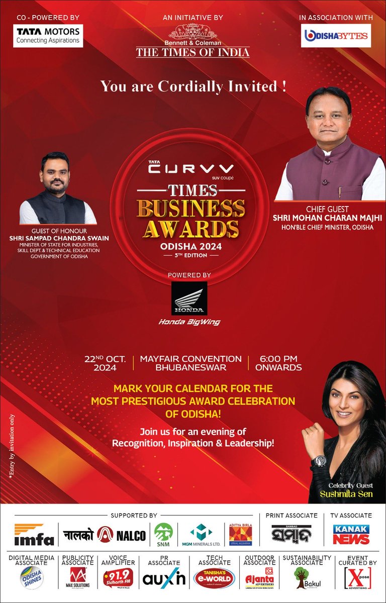 08sandeepmishra's tweet image. For the first time, #OdishaBytes is partnering The Times of India in organising Times Business Awards Odisha 2024 at Mayfair Convention, Bhubaneswar, on Oct 22. CM Mohan Majhi, industries minister Sampad Swain &amp;amp; actor Sushmita Sena will grace the occasion