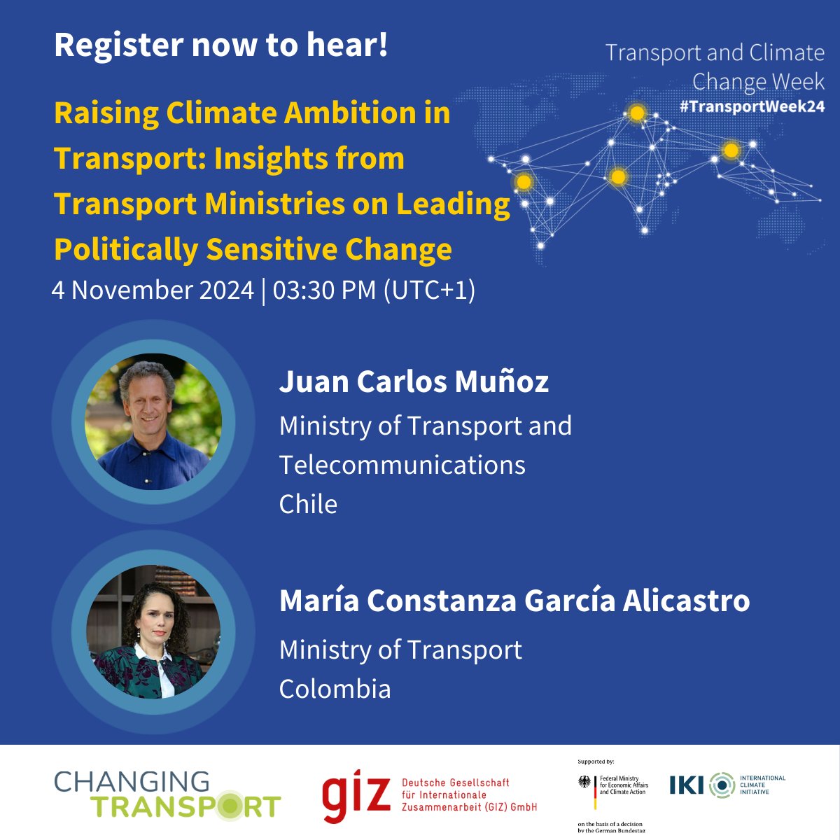 How to navigate political challenges to transform transport?

Join #TransportWeek24 to hear from the ministers of Colombia 🇨🇴 and Chile 🇨🇱 about net-zero transport.

Let’s explore #ConnectingtheDots between leadership and climate action.

Register now! ➡️ bit.ly/3MPPyZK