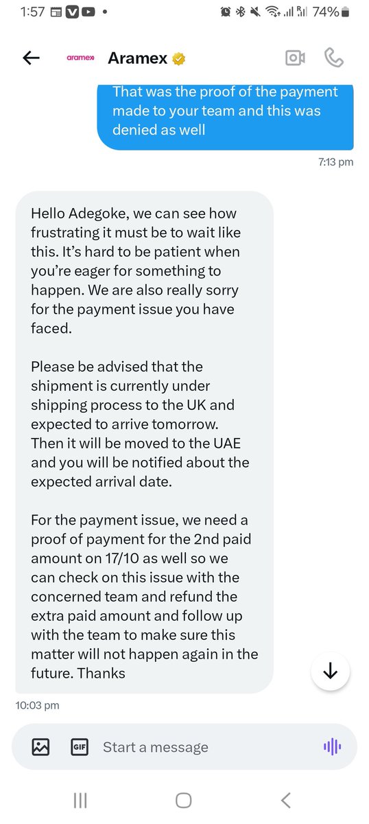 AdegokeTimoth12's tweet photo. @Aramex @aramexuk @AramexSA @Aramex_KSA @AramexYemen It is quite disappointing to rely on your service after making a shipment request since Wednesday 16-10-2024, please resolve this I need my documents to sent today... https://t.co/odKhiGVYf3