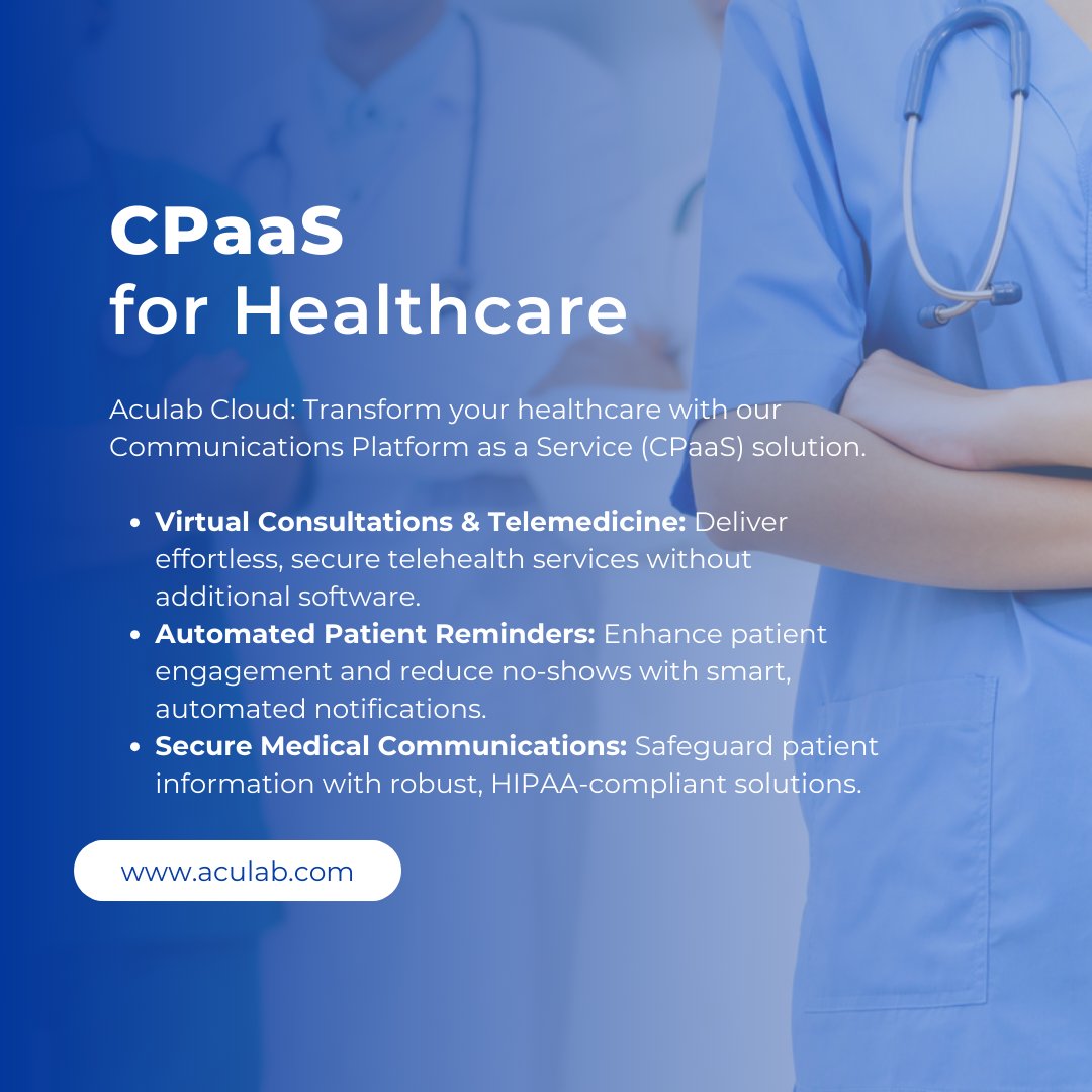 Transform your healthcare communication with Aculab Cloud. From virtual consultations to automated reminders, deliver secure, HIPAA-compliant patient care – all in one platform. 

aculab.com/cpaas/cpaas-fo…

#Healthcare #HealthTech #PatientCare #Telemedicine #HealthcareIT #HIPAA