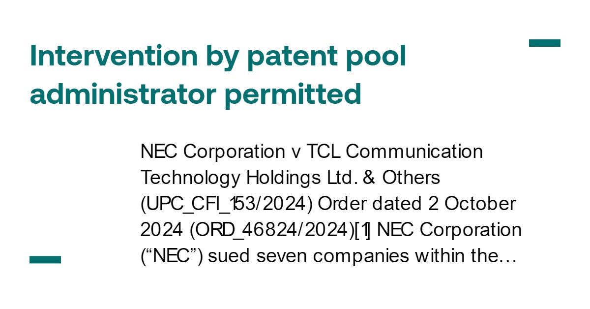 eipamar's tweet photo. Munich local division has permitted a patent pool administrator to intervene in infringement and invalidity proceedings at UPC.

Joanne Welch reports - https://t.co/5g7nCKxOVb https://t.co/mdGixaFv0x