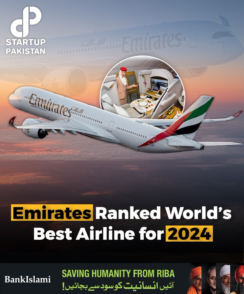 PakStartup's tweet photo. Emirates has been recognized as the world's best airline by Telegraph Travel, outperforming over 90 global airlines.
#Emirates #BestAirline #Travel #AviationAwards #Skytrax https://t.co/H9uJql8n3j