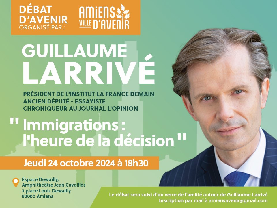 #Immigrations Ravi de venir jeudi en Picardie pour une soirée-débat, suivie d’une signature de mon dernier livre, à l’invitation d’<a href="/AurelienCARON/">Aurélien CARON</a> et de l’équipe #Amiens Ville d’Avenir.

amiensvilledavenir.fr/debat-davenir-…