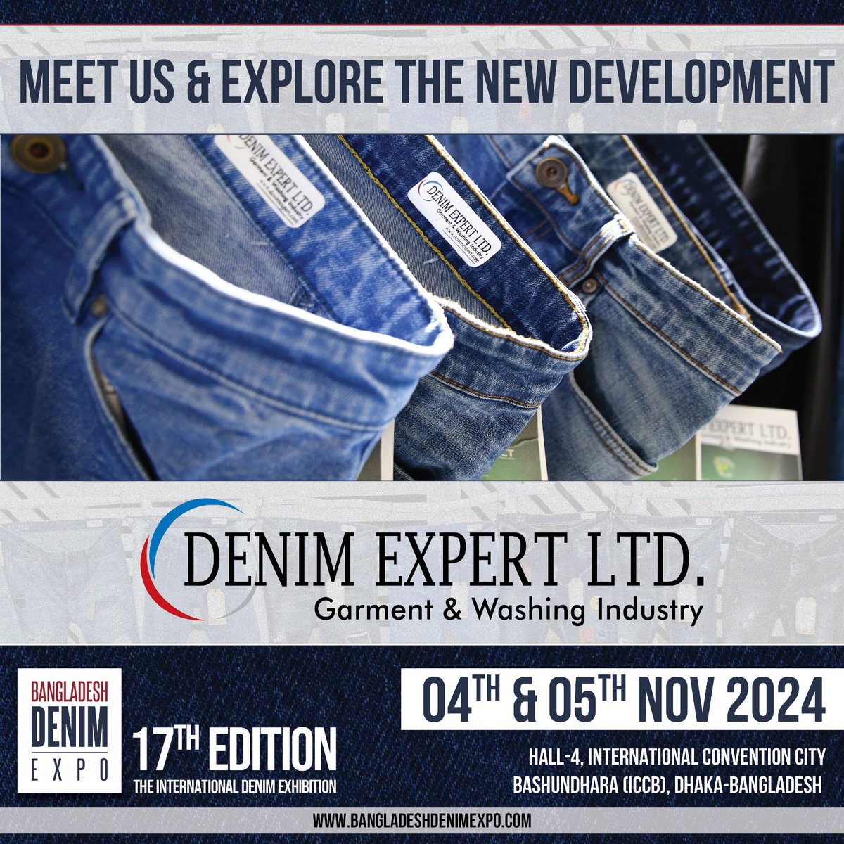 Denim Expert Ltd is set to showcase our expertise at the 17th Bangladesh Denim Expo on Nov 4th &amp; 5th, 2024. Visit us at Hall-4, ICCB, Dhaka, to explore our innovative denim solutions &amp; explore the future of denim.Together, let’s make a mark in the denim industry! #DenimExpertLtd