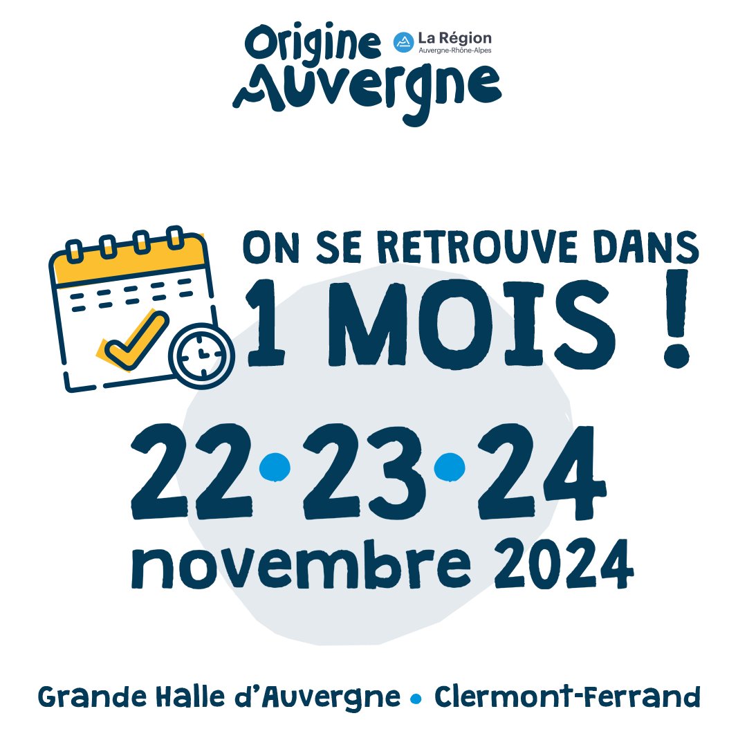 TIC TAC… ⏰ Le compte à rebours est lancé, rdv du 22 au 24 novembre à la Grande Halle d’Auvergne à Clermont-Ferrand pour la 2e édition d’Origine Auvergne !

Plus d'infos 👉 origine-auvergne.fr

#OrigineAuvergne #Auvergne #MyAuvergne #PuydeDome #Allier #Cantal #HauteLoire
