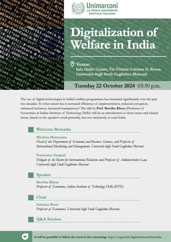 Fabrizio Botti (@fabribotti) on Twitter photo So pleased to host Prof. Reetika Khera at <a href="/Uni_Marconi/">Unimarconi</a> today, 22 October 3.30pm CEST
Join us in person or online! So pleased to host Prof. Reetika Khera at <a href="/Uni_Marconi/">Unimarconi</a> today, 22 October 3.30pm CEST
Join us in person or online!