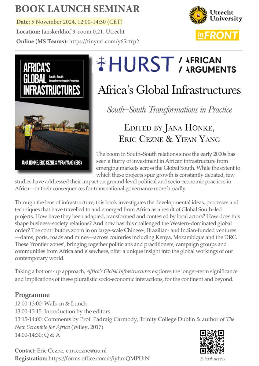 Eric Cezne (@eric_cezne) on Twitter photo 📚Join us in Utrecht (or online) on 5 November (12:00-14:30, CET) for the book launch seminar of "Africa's Global Infrastructures: South-South Transformations in Practices", co-edited by <a href="/PoCoSecurity/">Jana Hönke</a> , <a href="/YifanMiaYang/">Yifan Mia Yang</a>, and myself (<a href="/HurstPublishers/">Hurst Publishers</a> & <a href="/OUPAcademic/">Oxford Academic</a>, 2024). 📚Join us in Utrecht (or online) on 5 November (12:00-14:30, CET) for the book launch seminar of "Africa's Global Infrastructures: South-South Transformations in Practices", co-edited by <a href="/PoCoSecurity/">Jana Hönke</a> , <a href="/YifanMiaYang/">Yifan Mia Yang</a>, and myself (<a href="/HurstPublishers/">Hurst Publishers</a> & <a href="/OUPAcademic/">Oxford Academic</a>, 2024).