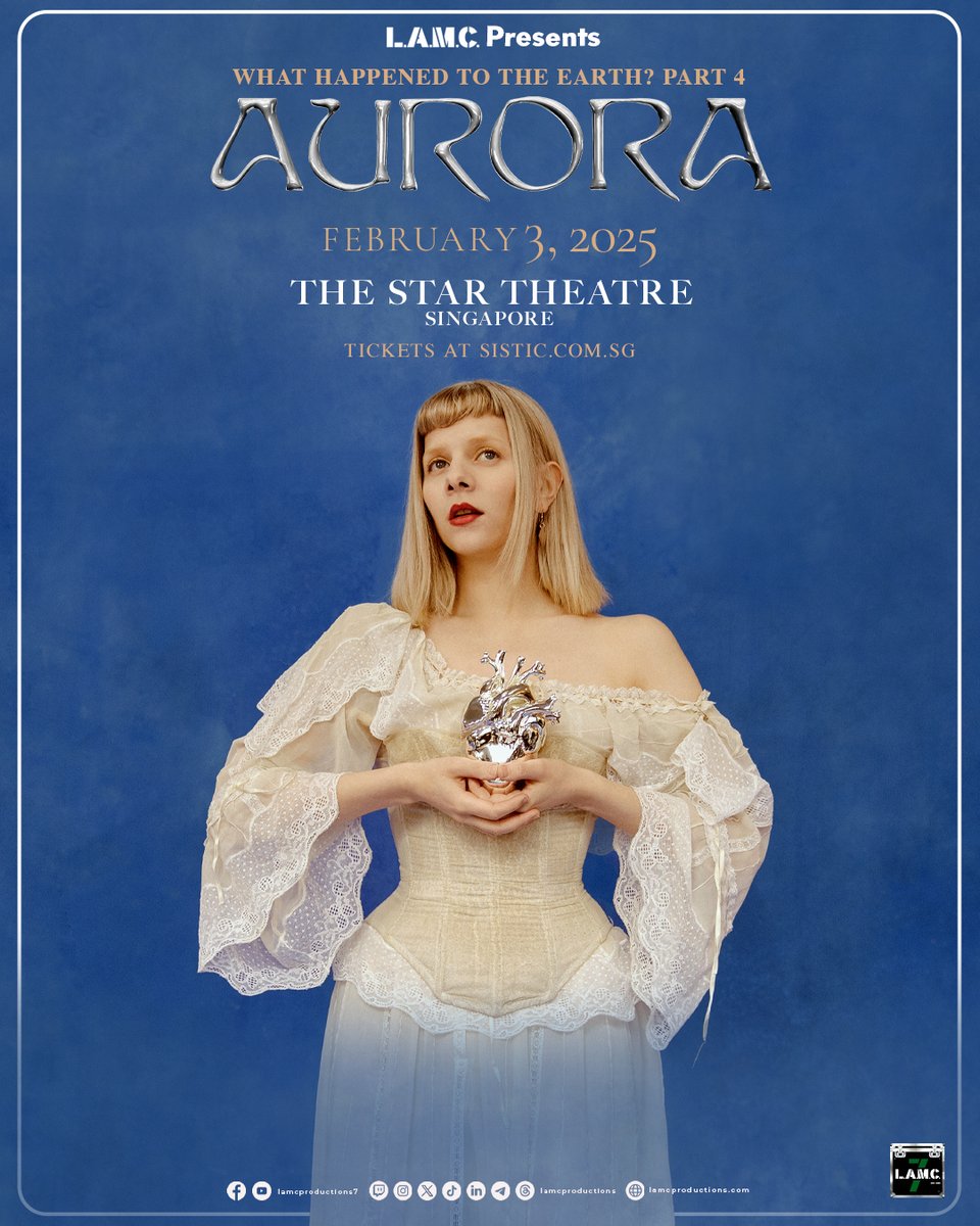 lamcpresents's tweet photo. 🎙Aurora - ‘What Happened To The Earth? Part 4’ Tour - Live in Singapore
📍The Star Theatre
🗓3rd Feb 2025, 8pm

🎫 Ticketing Info:
🗓 AURORA Artist Pre-sale: 1Nov, 2024, 10:00am 

🗓 LAMC Member Pre-sale: 1Nov, 2024, Friday at 12:00pm 

🗓 Public Sale: Nov 4th, 2024, 12:00pm https://t.co/wSpbuDtp5e