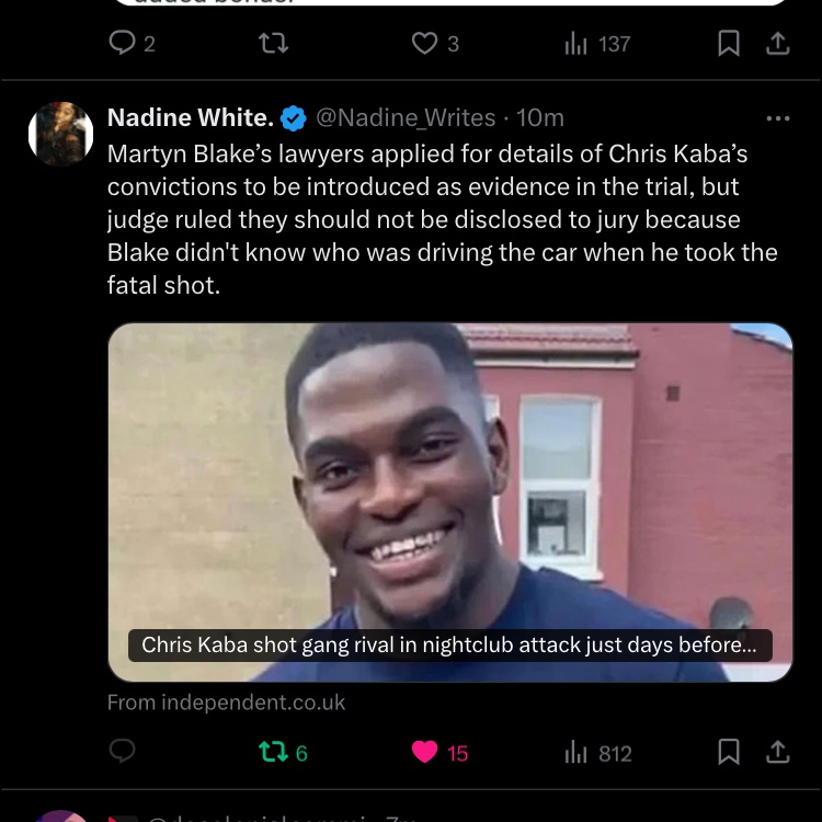 Andy’s (@skyandyhughes) wording is subtle. There’s an implication that Kaba’s murder had something to do with the alleged Most Feared Gang in South London, whilst Blake apparently didn’t even know who was driving the car…