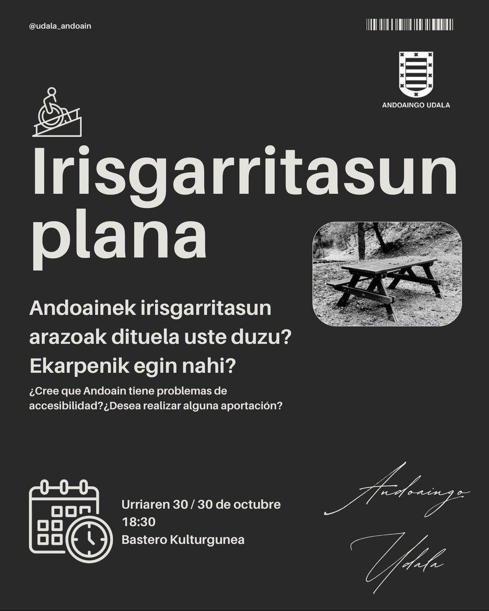 PARTAIDETZA 👭>>> Irisgarritasun Unibertsalerako Plan integrala osatzeko prozesuan murgildu da Andoaingo Udala

🤝 Hainbat bideetatik jasoko dira ekarpenak, horien artean, herritarrekin osatuko duen forotik 👇👇👇

➡️Info ➕: andoain.eus/documents/1313…

#andoainbizitzeko #andoain
