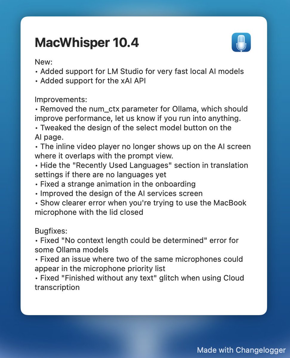 Jordi Bruin (@jordibruin) on Twitter photo MacWhisper 10.4 is out now with support for running local AI models through <a href="/LMStudioAI/">moved to: @lmstudio</a>, as well as xAI support and a bunch of improvements all around.
macwhisper.com MacWhisper 10.4 is out now with support for running local AI models through <a href="/LMStudioAI/">moved to: @lmstudio</a>, as well as xAI support and a bunch of improvements all around.
macwhisper.com