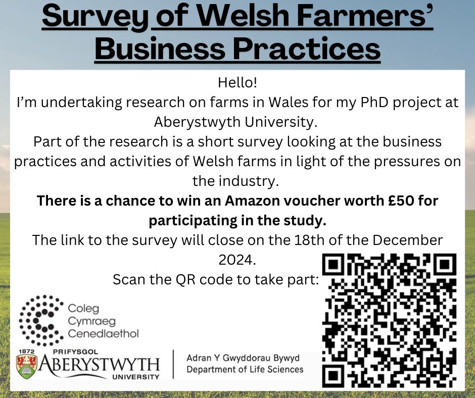 Calling all farmers in Wales!
If you farm in Wales, please could you fill this short survey for my PhD project please?
📢Chance to win a £50 Amazon voucher! 
 Closing date: 18th of December 2024 ‼️
English link: gwenllian-j.limesurvey.net/977835?lang=en
Thank you for your help!