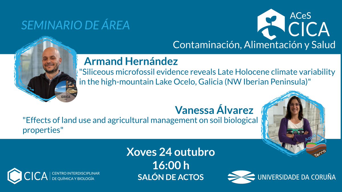 CICA (@cicaudc) on Twitter photo 👉Anotade a data investigadores!
Este xoves temos Seminario do Área de ACeS (Alimentación, Contaminación e Saúde) no Salón de Actos do CICA. Estará conducido por:
👨🔬Armand Hernández de <a href="/GRICA_UDC/">GRICA-BIOpast UDC</a>
👩🔬Vanessa Álvarez de AquaTerra
📆 Xoves, 24 de outubro
🕐 16.00h
<a href="/UDC_gal/">Universidade da Coruña</a> 👉Anotade a data investigadores!
Este xoves temos Seminario do Área de ACeS (Alimentación, Contaminación e Saúde) no Salón de Actos do CICA. Estará conducido por:
👨🔬Armand Hernández de <a href="/GRICA_UDC/">GRICA-BIOpast UDC</a>
👩🔬Vanessa Álvarez de AquaTerra
📆 Xoves, 24 de outubro
🕐 16.00h
<a href="/UDC_gal/">Universidade da Coruña</a>