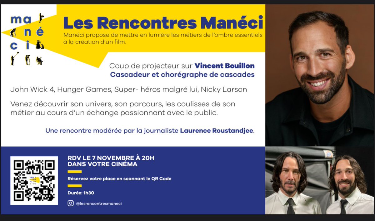 On vous attend nombreux pour découvrir le parcours incroyable de Vincent Bouillon… On scanne le Qr Code et on se retrouve le 7 nov à 20h au cinéma Les 7 Batignolles.
<a href="/BalleCatherine1/">Balle Catherine</a> <a href="/Keanureeves2067/">Keanu Reeves</a> <a href="/pierrelescure/">Pierre Lescure</a> <a href="/michel_denisot/">Michel Denisot</a> <a href="/pathefrance/">Pathefrance Takeover POC</a> 
#cascadeur #johnwick #cinema