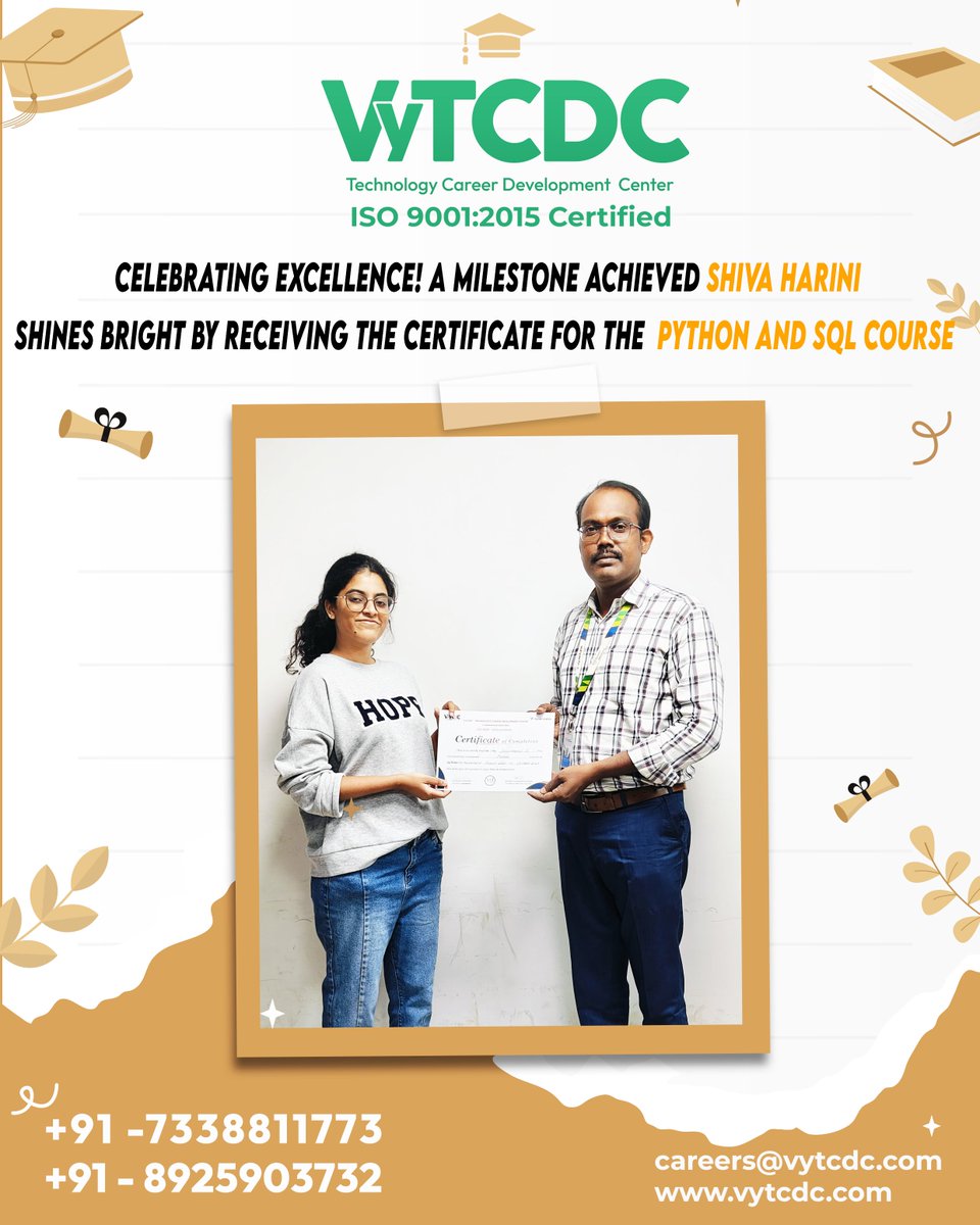 vytcdc's tweet image. celebrating excellence! a milestone achieved Shiva Harinishines bright by receiving the certificate for the  python and sql course

#vytcdc #Congratulations #AI #Python #OnlineCourse #Certification #TechEducation #PythonProgramming #AITraining #EdTech #SkillUp #TechLearning