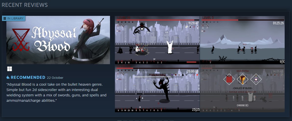 CSH_Picone's tweet photo. Abyssal Blood is a fun 2d sidescrolling "bullet heaven" by @Xilosopher. Face off against huge swarms of demons while raising the dead and duel wielding fire &amp; ice magic, assault rifles, knuckle dusters. It's as cool as it sounds. Releases soon. https://t.co/hP89mbauVE