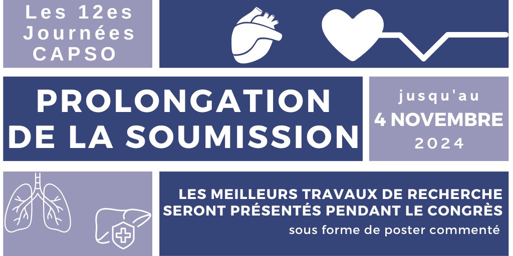 📢 📅 Prolongation de la soumission d'abstracts jusqu'au 4️⃣ novembre pour les #CAPSO24.
🖱️ capso.fr/abstracts/
Le meilleur poster se verra remettre un Prix.
#ECMO #EERC #épurationextrarénale #citrate #ECLS #ECCO2R #assistancecirculatoire #suppléanceorganes