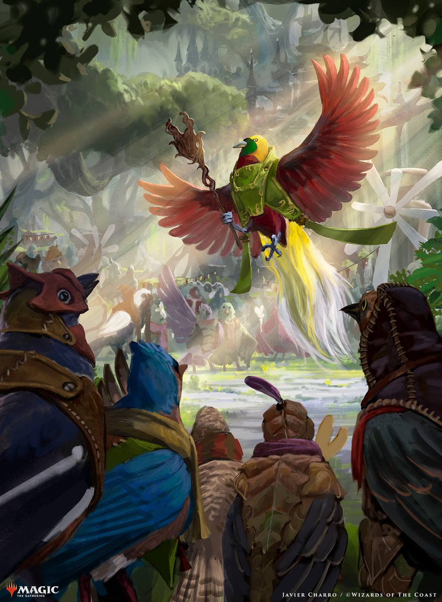 Birds of Paradise illustration done for #MTG #Bloomburrow set. The birdfolk Ambassador descending in front of a crowd 
Art Director: Tom Jenkot

#MagicTheGathering #MTGart #Artistproof #MTGartistproof