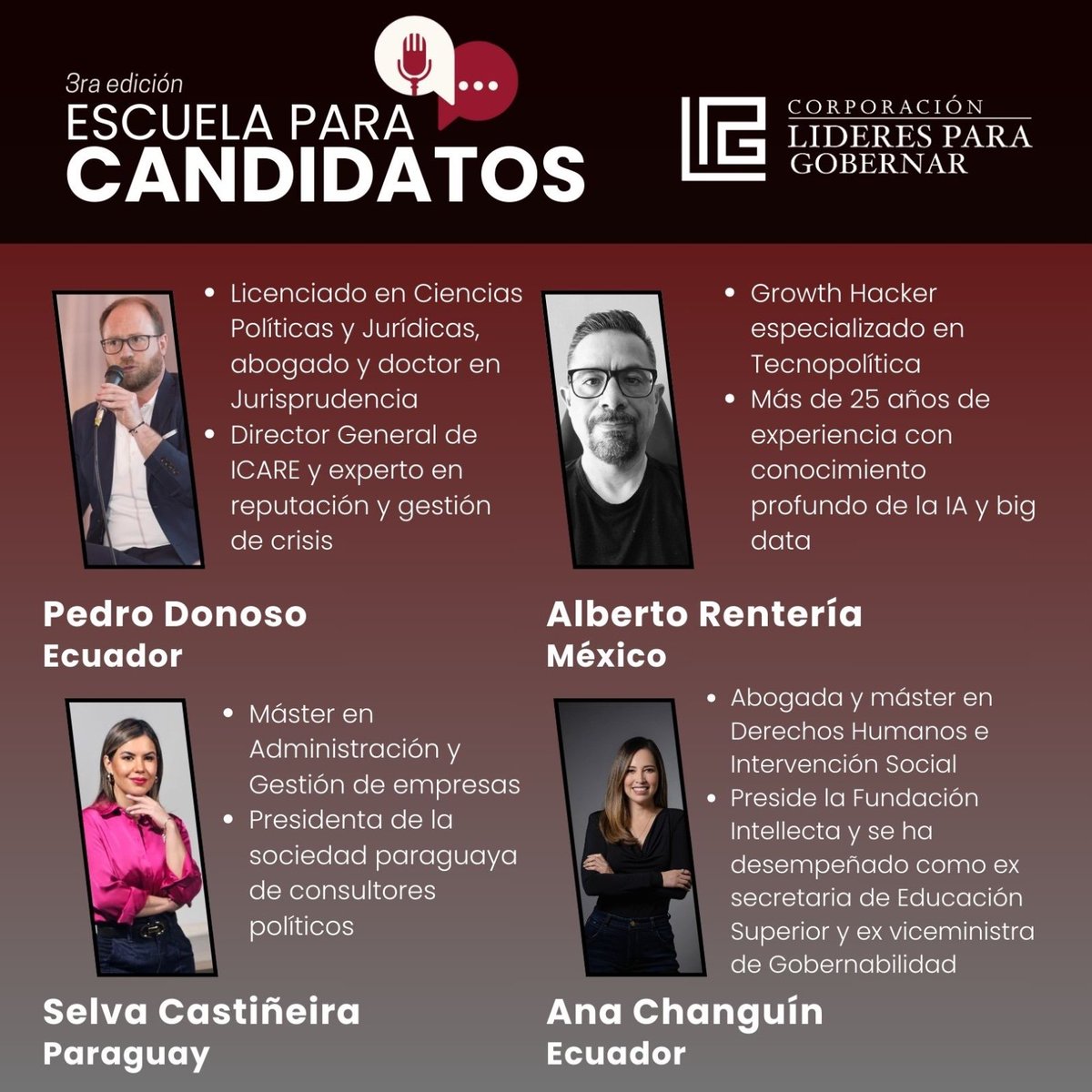 Nuestra conductora <a href="/achanguin/">Ana Changuín</a> participará como docente en la 3era edición de Escuela para Candidatos de <a href="/CLPG_ec/">LíderesParaGobernar</a> 

Quienes son candidatos para estas #Elecciones2025Ec aprenderán temas relacionados con las campañas políticas y la gobernabilidad.

#MujereshablandodePolítica