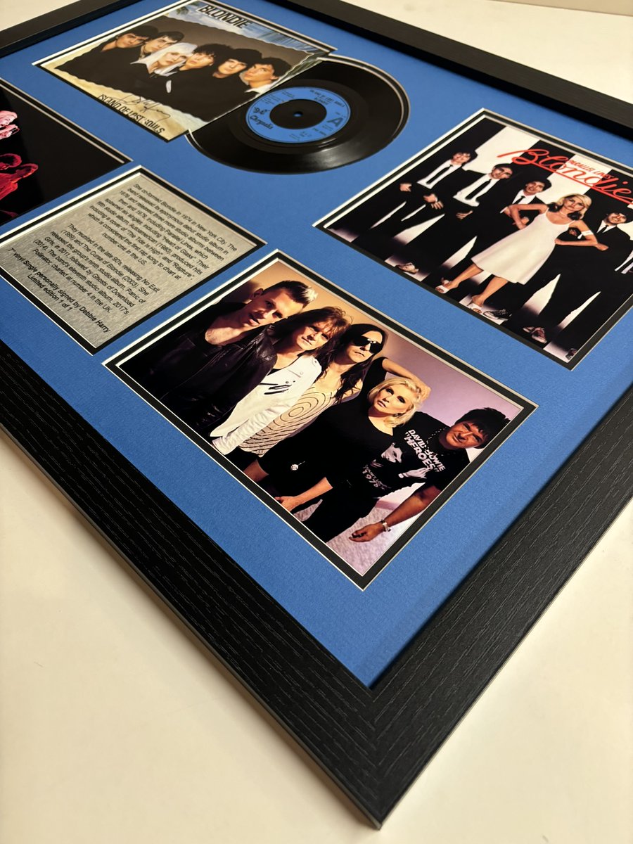 CrazyFraming's tweet photo. New in stock is a personally singed 7” single by singer, Debbie Harry from Blondie. It is stylishly framed to showcase their fusion of punk, disco and new wave sound of the late 70s. Including images of the group, this piece is a must have for any music lover or Blondie fan! 🎤 https://t.co/QKQPBwD7za