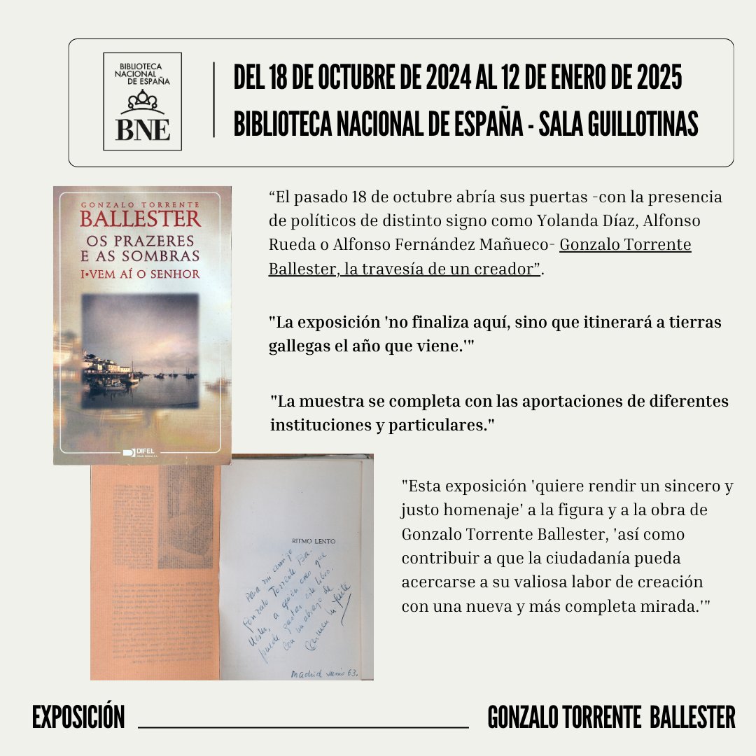 ✨📚Exposición en homenaje al XXV aniversario de la muerte del escritor en la Biblioteca Nacional de España. Del 18 de octubre al 12 de enero, descubre más de 130 piezas únicas que nos acercan a la vida y obra de este gran creador gallego. 🖋️🎥#TorrenteBallester  #CulturaGallega