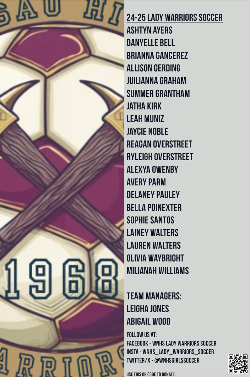 Congratulations to the 24-25 <a href="/Athletics_WNHS/">WNHS Athletics</a>  Lady Warriors Soccer Team!