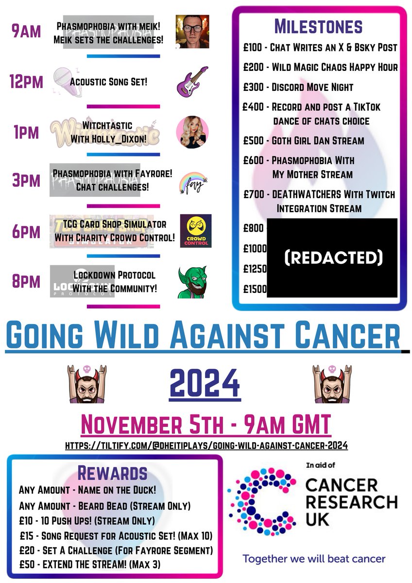 5th November. 9am GMT.

Lets Get Wild Against Cancer 🤟

tiltify.com/@dheitiplays/g…