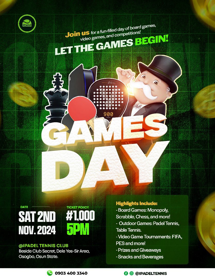 IpadelTennis's tweet photo. Join Us for a Fun-Filled Games Day! Bring your friends and family for a day of exciting games, friendly competition, and loads of laughter. Don’t miss out—let the games begin!  #helloosogbo #osogbosports #osogbo #padel #osogbotennisclub #osogbogamers #ipadelteam #ipadeltennisclub https://t.co/JxHz6ZWB5S