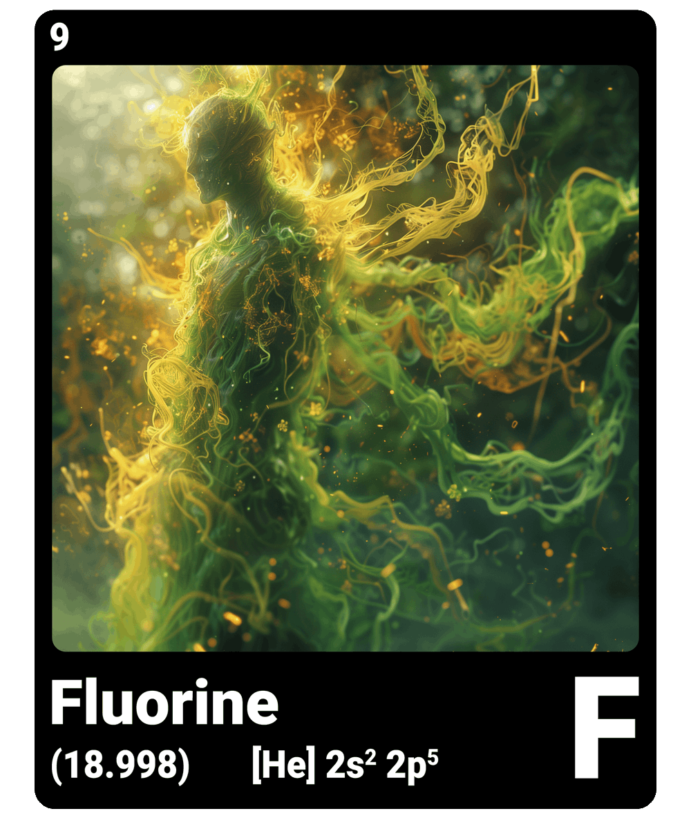 br_AI_king's tweet image. This is what it looks like when AI gives the chemical element #fluorine a face - find all #ChemicalElement in the bio #ScienceArt
