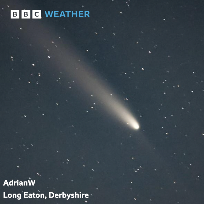 bbcweather's tweet photo. While Comet A3 has been getting fainter since its peak brightness earlier this month, our BBC Weather Watchers are still getting photos of it. 

Clear skies and a camera zoom gave some great shots last night.

To submit your pictures, sign up here: https://t.co/FYcW6TEKxr https://t.co/3UbcYMywXB