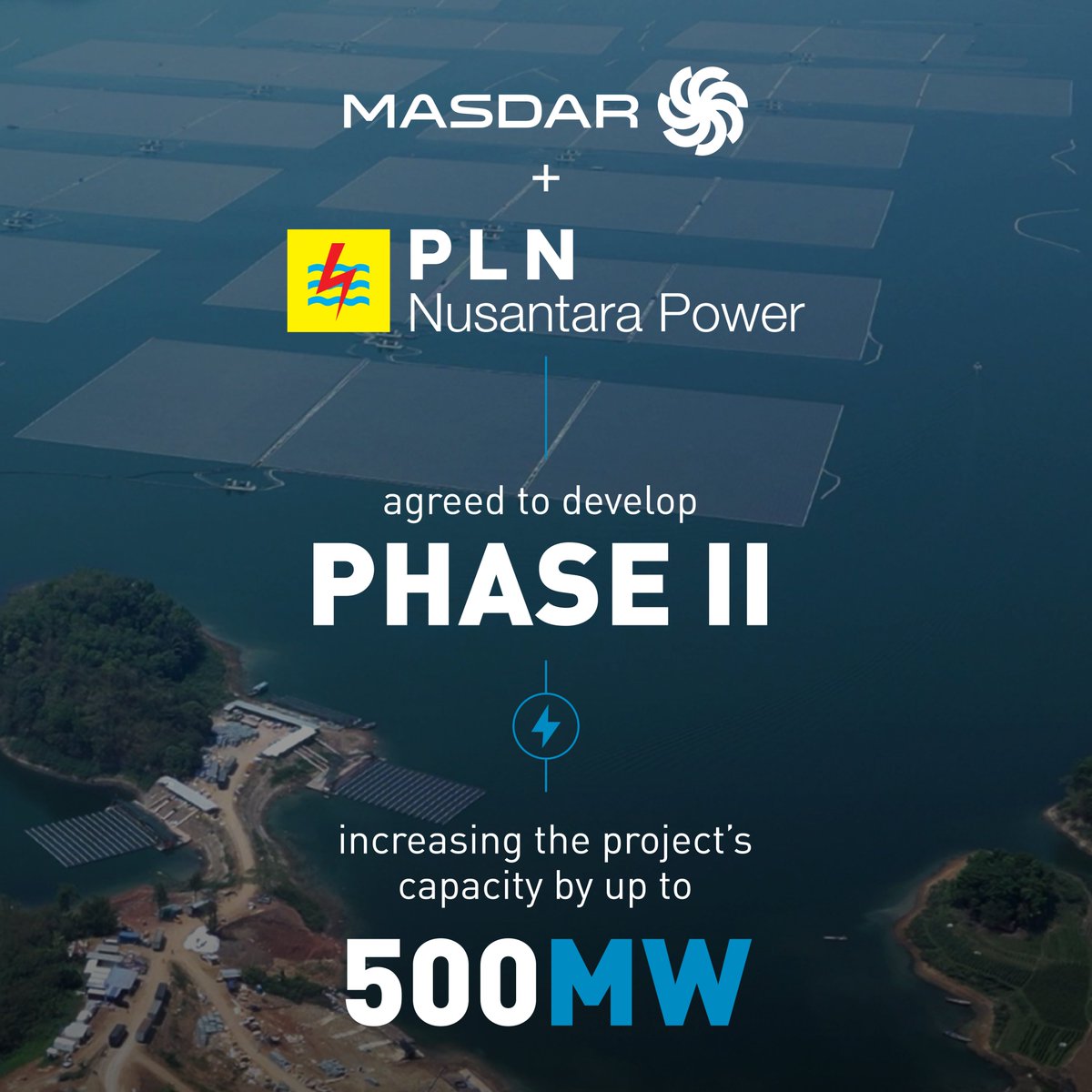 Masdar's tweet photo. We’re excited to announce that our #Cirata Floating Solar Project (192MWp) has been recognized by @Forbes_MENA_ as one of the Most Sustainable Projects in the Middle East, a prestigious award highlighting the remarkable sustainability initiatives that are part of the project and its environmental impact over the past year. A huge congratulations to our partners, @pln_123 Group, and the dedicated team involved in bringing this visionary project to life!

☀️ 145MW (192MWp) of solar power
🏭 Offsetting 214,000 tonnes of emissions annually
🏡 Powering 50,000 homes
👷🏼‍♂️ Creating 800 jobs

In celebration of this award, don't miss watching how #Masdar is empowering local communities in our #PowerToChange film: https://t.co/3k74iEEX9G