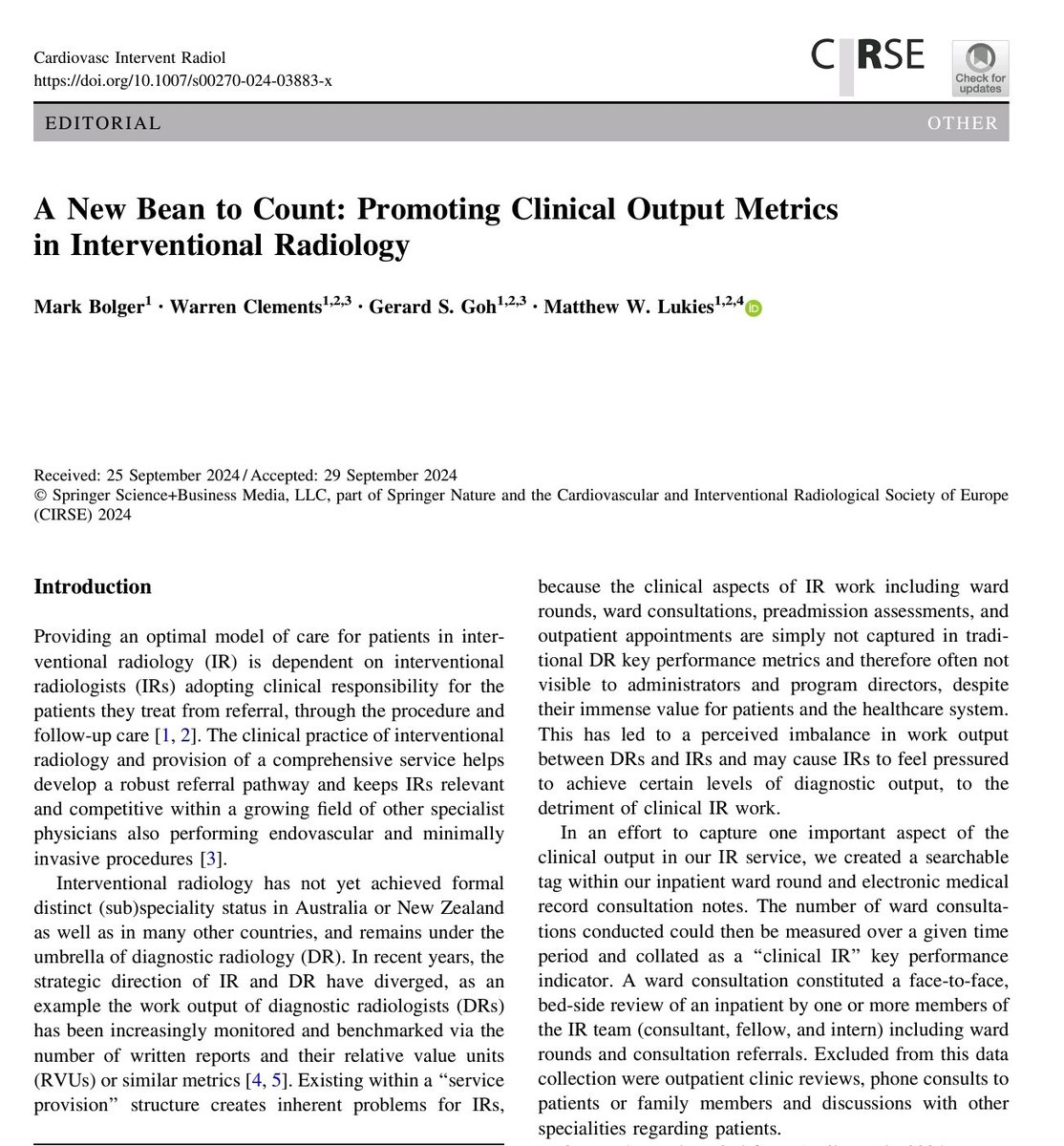 Prof. Warren Clements (@warren_ir) on Twitter photo Yet again amazing work from <a href="/markbolger84/">Mark Bolger</a>, Matthew Lukies, and <a href="/GGohIR/">Prof Gerard Goh</a>. Pleased to be a part of the group.
rdcu.be/dXF5c
"The data presented demonstrate the importance of measuring clinical workload within the day-to-day schedule of an IR rather than using DR RVUs ... Yet again amazing work from <a href="/markbolger84/">Mark Bolger</a>, Matthew Lukies, and <a href="/GGohIR/">Prof Gerard Goh</a>. Pleased to be a part of the group.
rdcu.be/dXF5c
"The data presented demonstrate the importance of measuring clinical workload within the day-to-day schedule of an IR rather than using DR RVUs ...