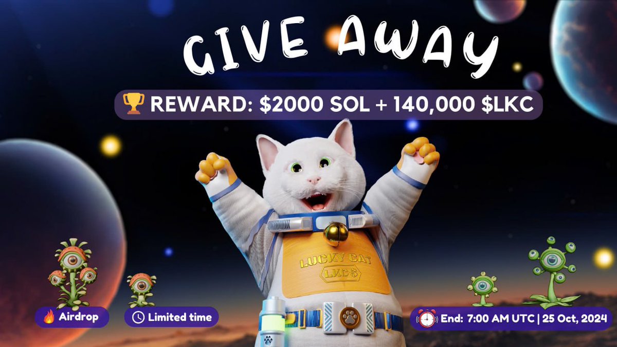 🪂 Lucky Cat #Airdrop

🏆 Prize Pool: $2,000 in $SOL &amp; 140,000 $LKC for 400 Lucky Random Winner &amp; Top 10 Referral 

🔗 Airdrop Link: t.me/luckygardengif…

⌛ End Date: 25th October, 2024
🏦 Distribution: After Token Launch

🔘 Do the Complete All tasks on the twitter post &amp;