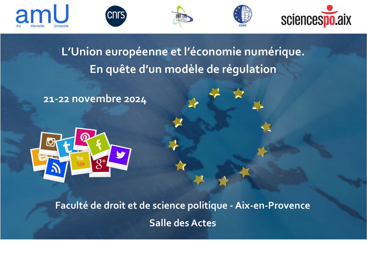 A vos agendas ! Rejoignez nous pour le colloque L'#UnionEuropéenne &amp; l'#économienumérique. En quête d'un modèle de #régulation
📅 21-22 novembre 2024
📍 Salle des Actes (Faculté de droit, Aix-en-Provence)
Plus d'infos : dice.univ-amu.fr/fr/dice/ceric/…
