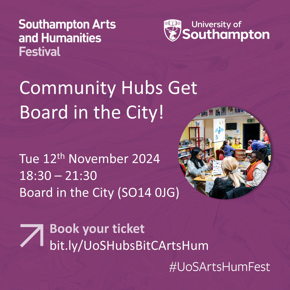 Ready for a games night out of the ordinary? 🎲🃏

Then join the <a href="/unisouthampton/">University of Southampton</a> Public and Community Engagement Hubs at <a href="/boardinthecity/">Board in the City</a> and play research-inspired games! 🤩

🗓️ Thu 12 Nov 2024
🕔 18:30 - 21:30
 📍 Board in the City

#UoSArtsHumFest #WeAreUoS