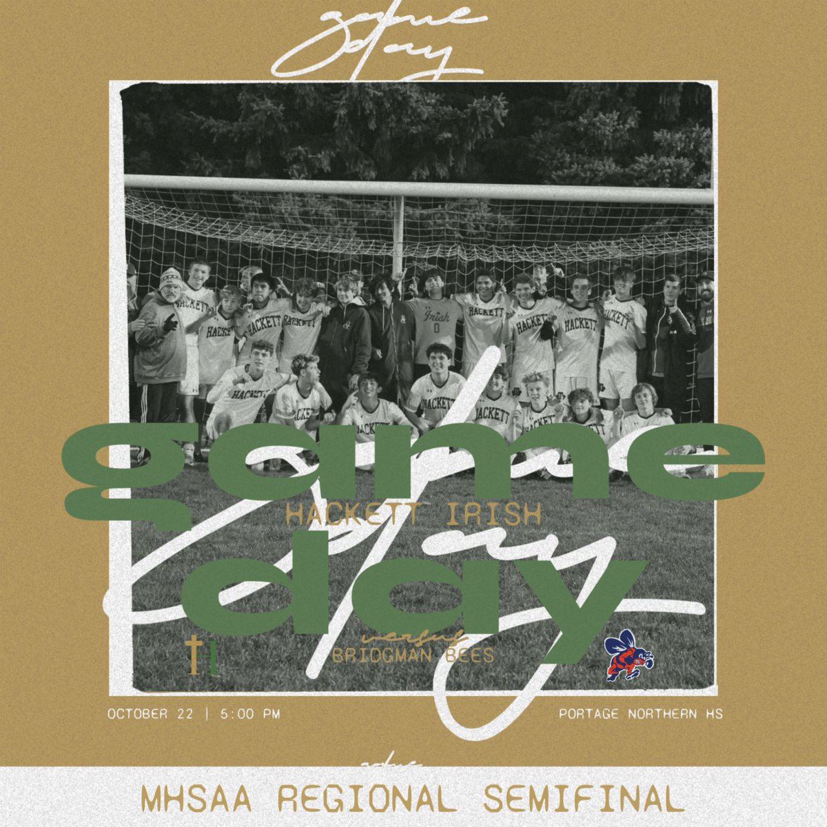 HCPMensSoccer's tweet photo. GAMEDAY! The boys head just down the road to face Bridgman, hoping to advance further in the tournament. Kickoff at 5 at Portage Northern. Ticket link in bio and will have a separate post. #HereComeTheIrish https://t.co/YdWOVkCyhY