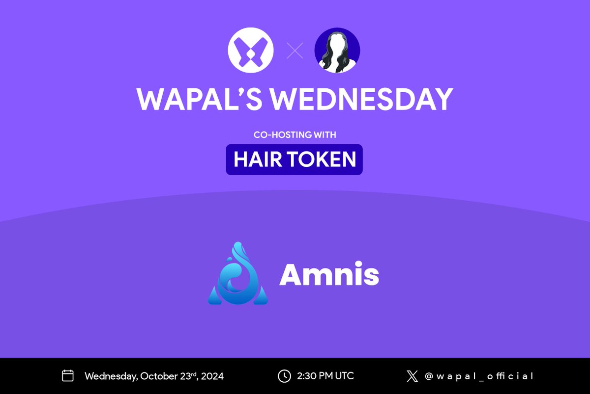 wapal_official's tweet photo. Set the reminders 🔔 

Tune in for this week's Wapal's Wednesday as we co - host with @HairTokenApt 

F. @AmnisFinance 

Set your reminders - https://t.co/ofpMmeHQ4k

🗓️ - Wednesday at 2:30 PM UTC